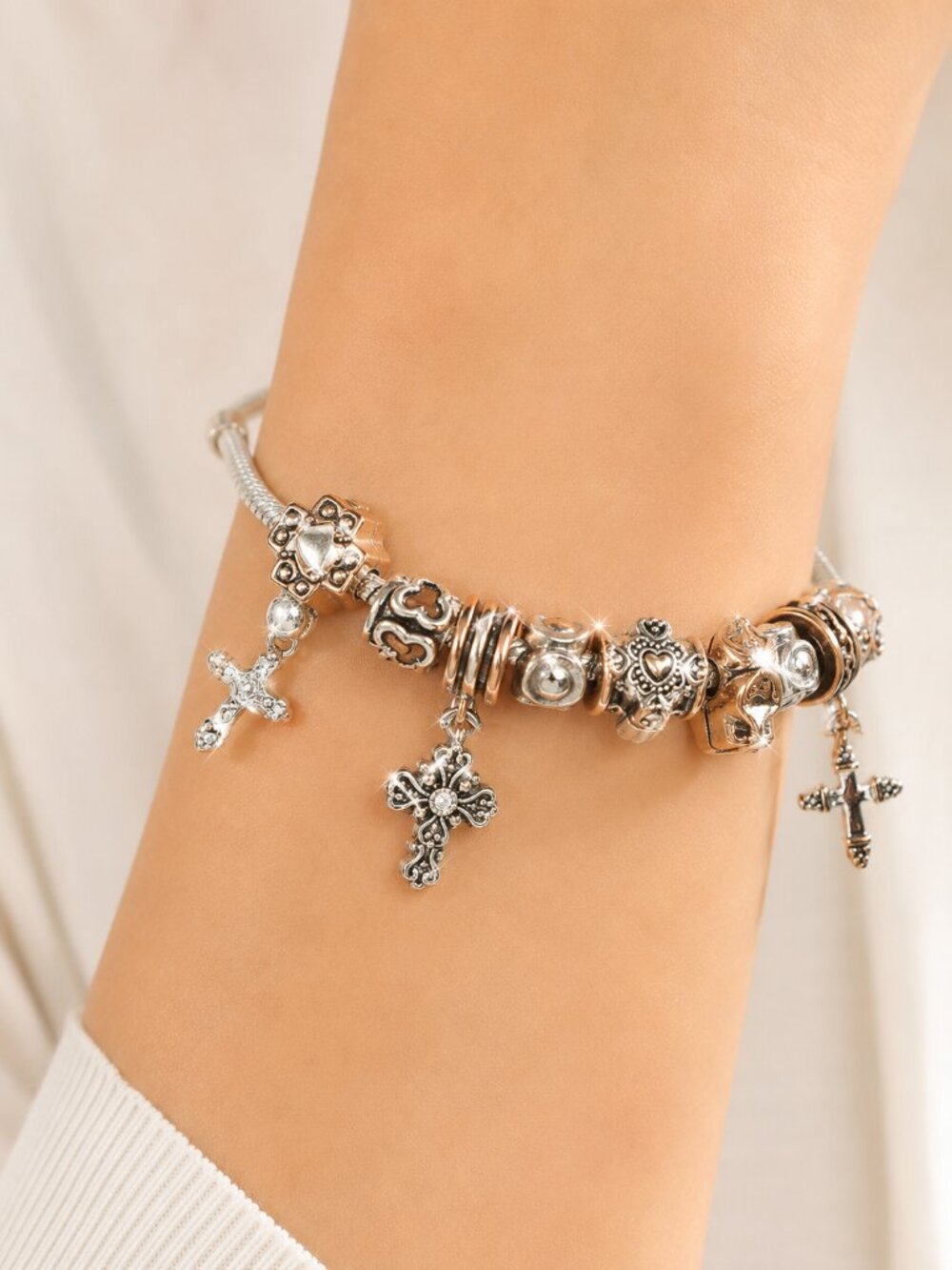 Silver Cross Charm Bangle Bracelet w/ Multicolor Charms Colorful Women's Jewelry